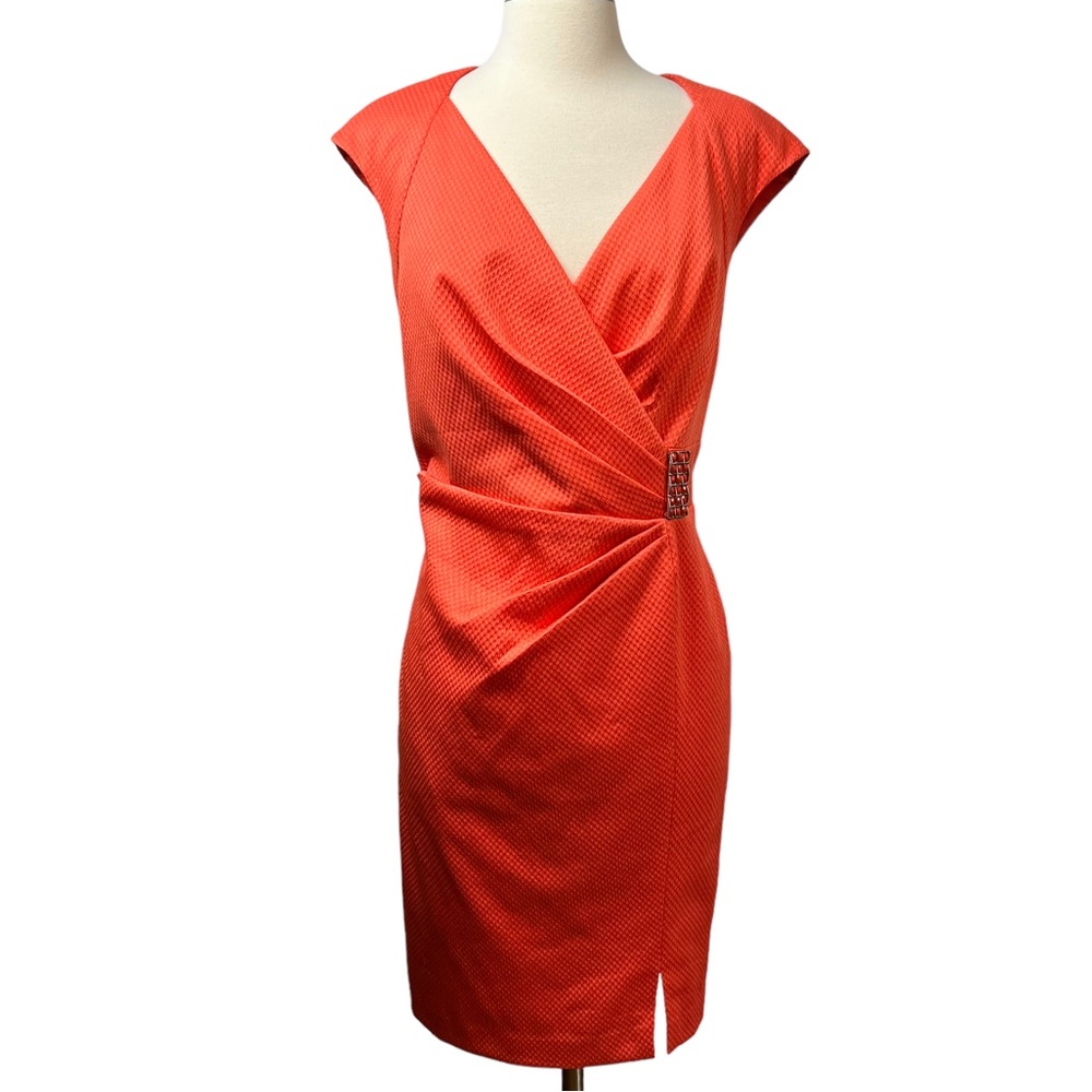 Kay Unger Coral Orange Textured Sheath Dress